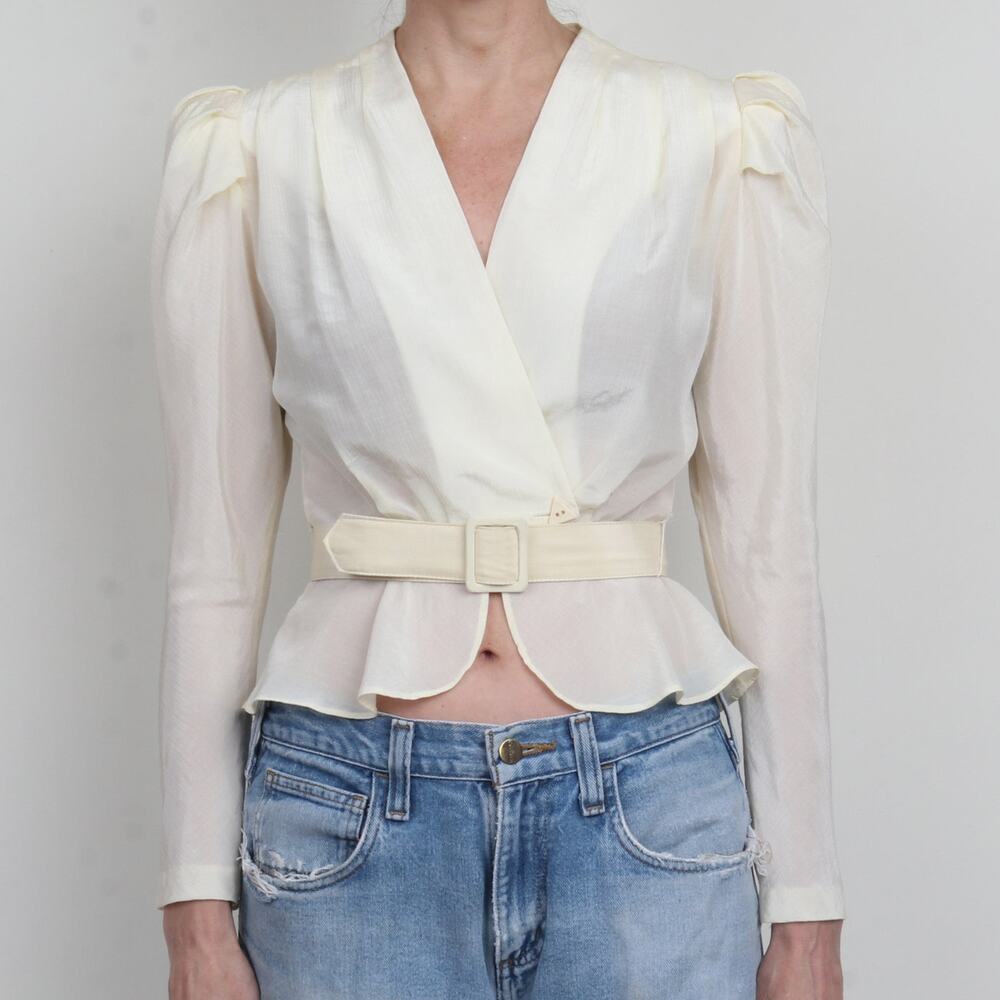 Vintage 1980s White Semi Sheer Puff Sleeve Peplum Top XS/S